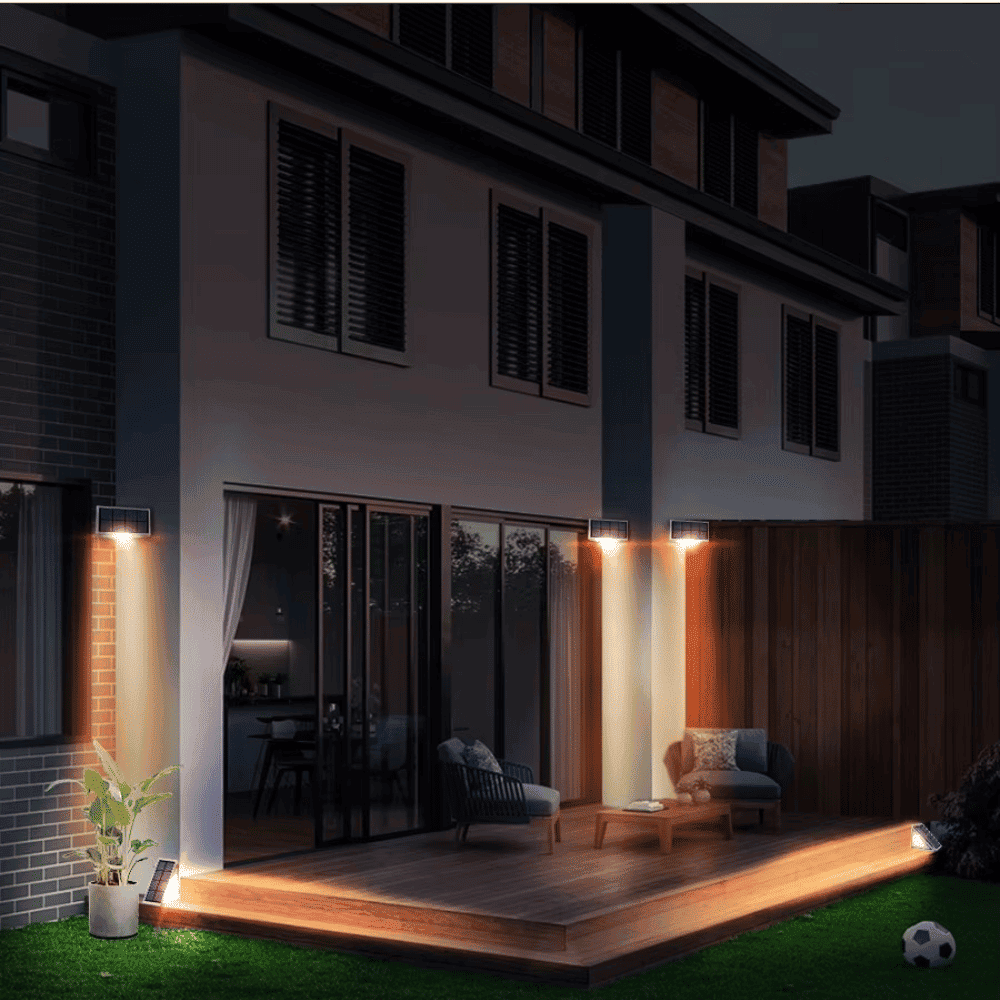 LED wall lights installed on outdoor patio walls for enhanced nighttime visibility