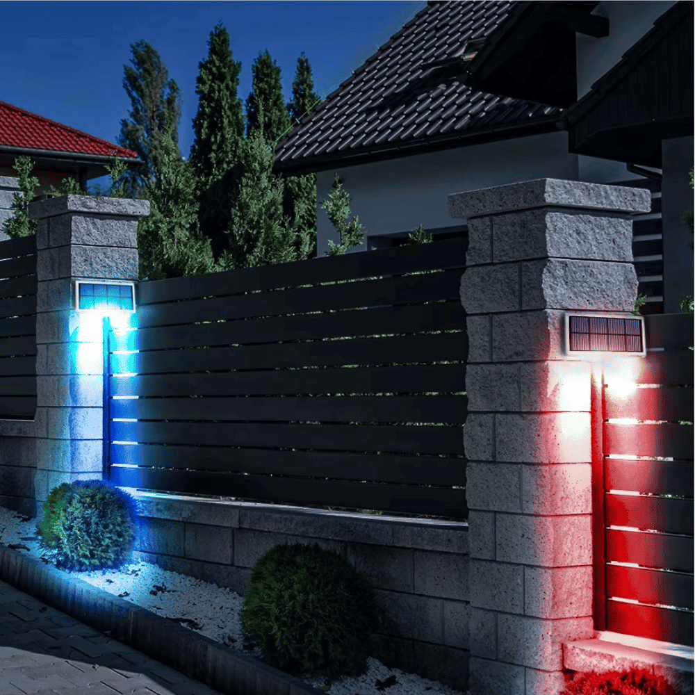 Bright solar-powered wall-mounted LED lights enhancing home entrance aesthetics