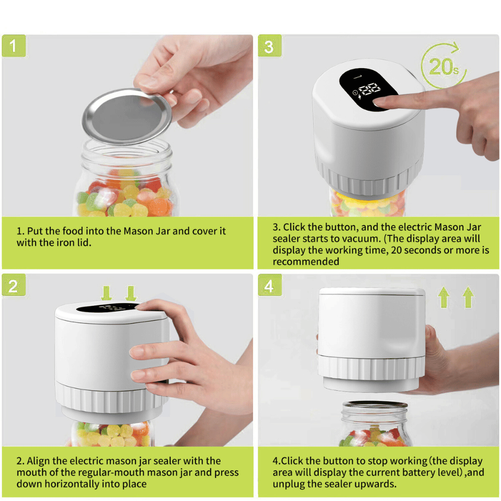 Step-by-step instructions showing how to use the electric vacuum jar sealer