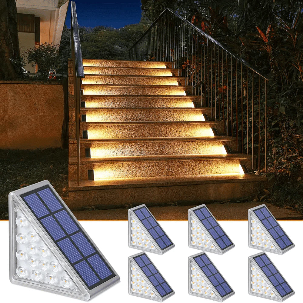Solar-powered LED Stair Step Lamp illuminating outdoor stairs at night for safe navigation and modern style