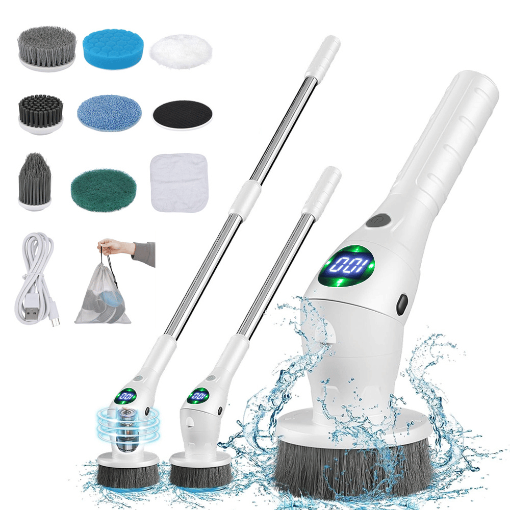 Full kit of 8-in-1 electric cleaning brush with waterproof body, brush heads, and extension handle.