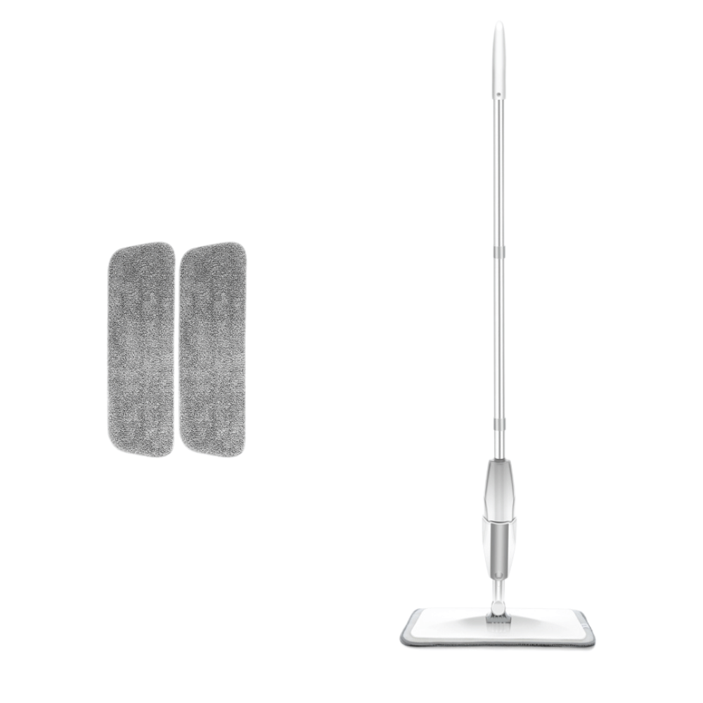 Full-length view of spray mop with two reusable gray microfiber pads on white background