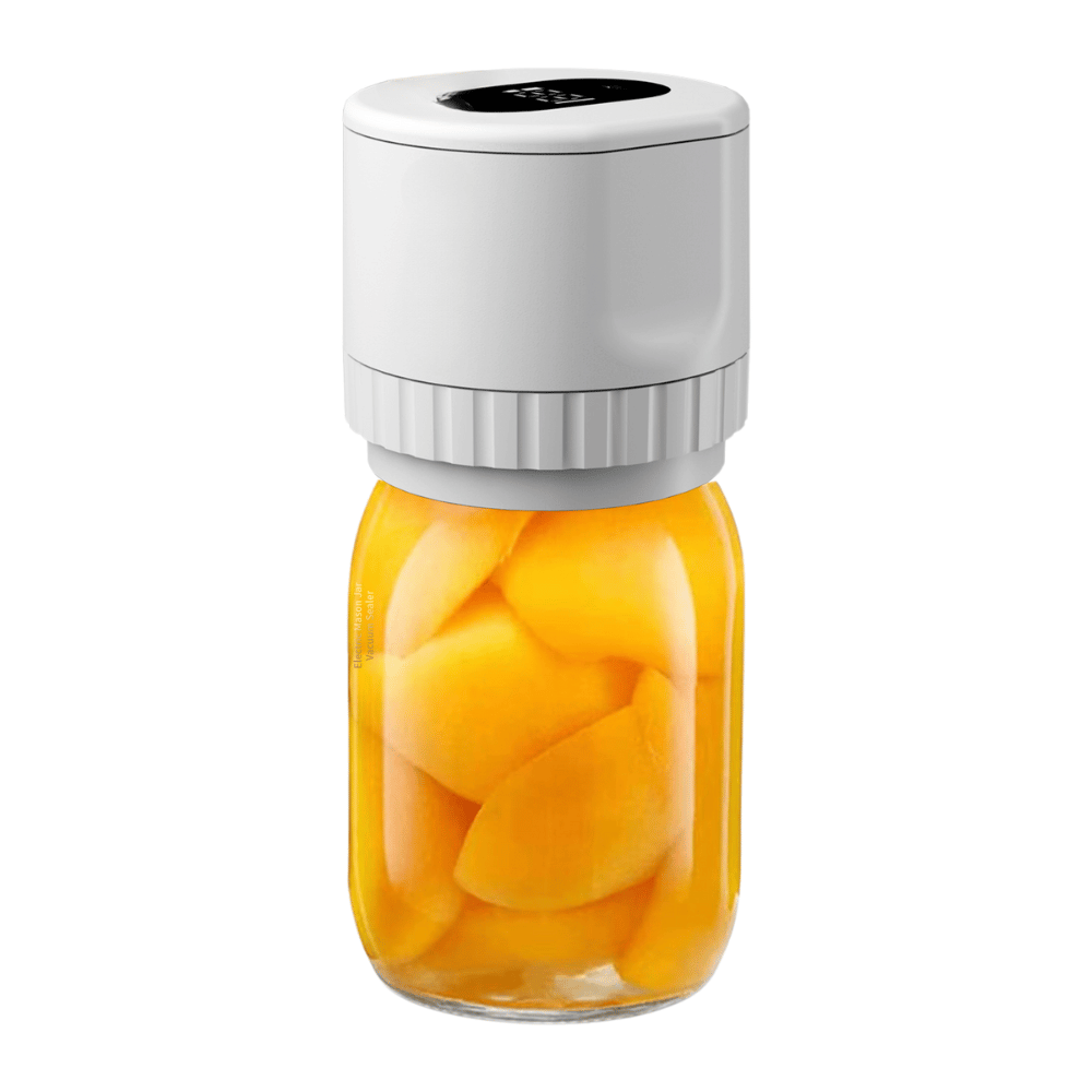 Vacuum jar sealer preserving sliced peaches in glass container for extended freshness