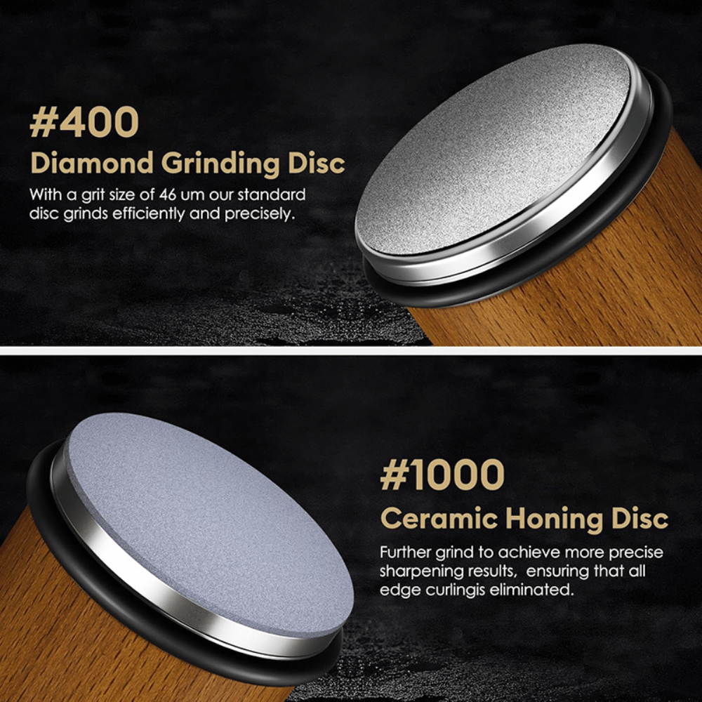 Close-up of #400 diamond grinding disc and #1000 ceramic honing disc for sharpening.
