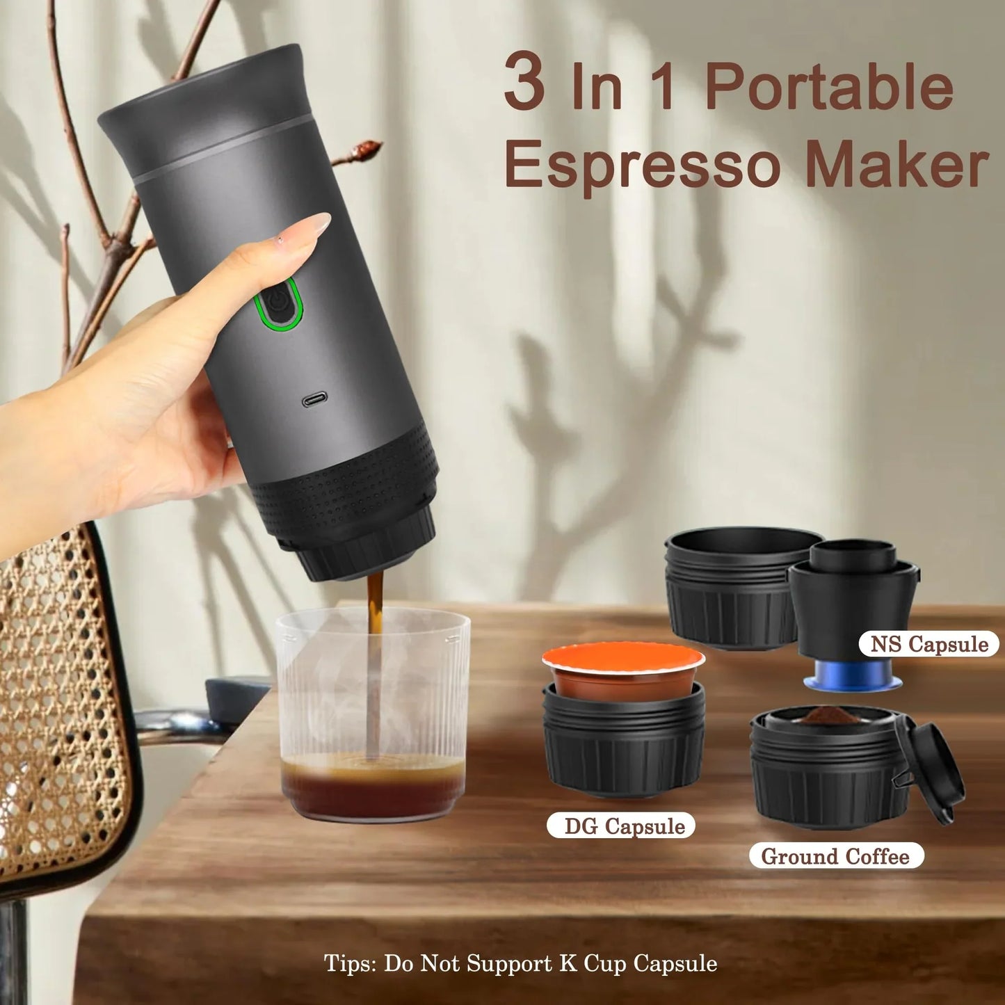 3-in-1 portable espresso maker with accessories for capsules and ground coffee use.