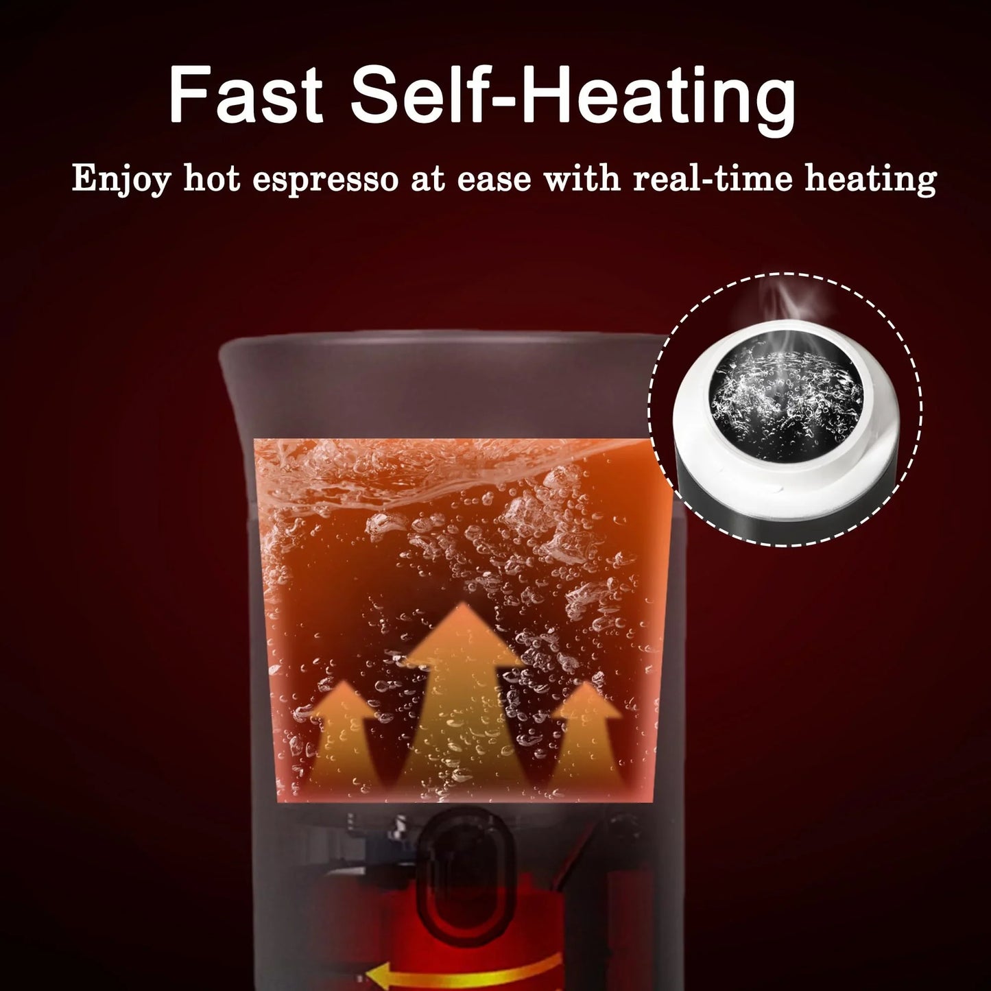 Fast self-heating espresso machine showing real-time coffee brewing.