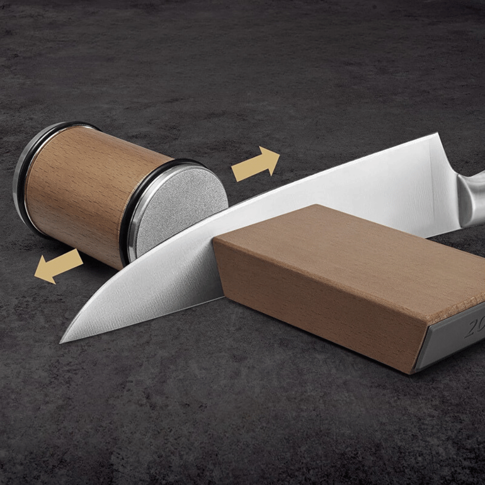 Magnetic rolling knife sharpener with walnut finish used to sharpen kitchen knives.