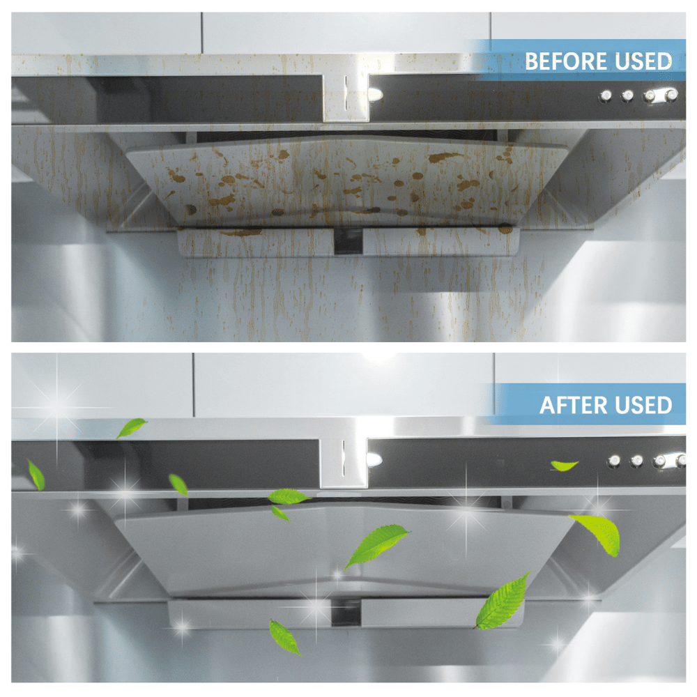 Before and after comparison of kitchen surface cleaned using handheld steam cleaner.