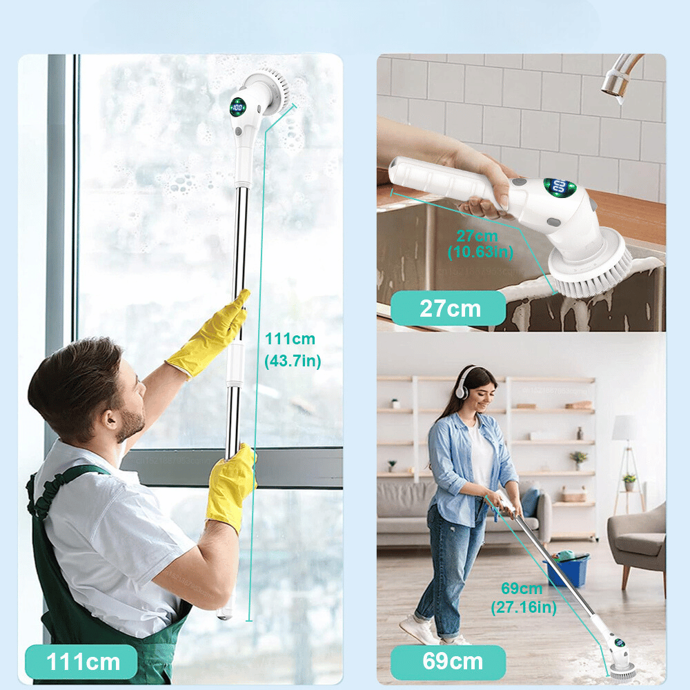 User cleaning high windows and floors with the extendable 8-in-1 electric cleaning brush tool.