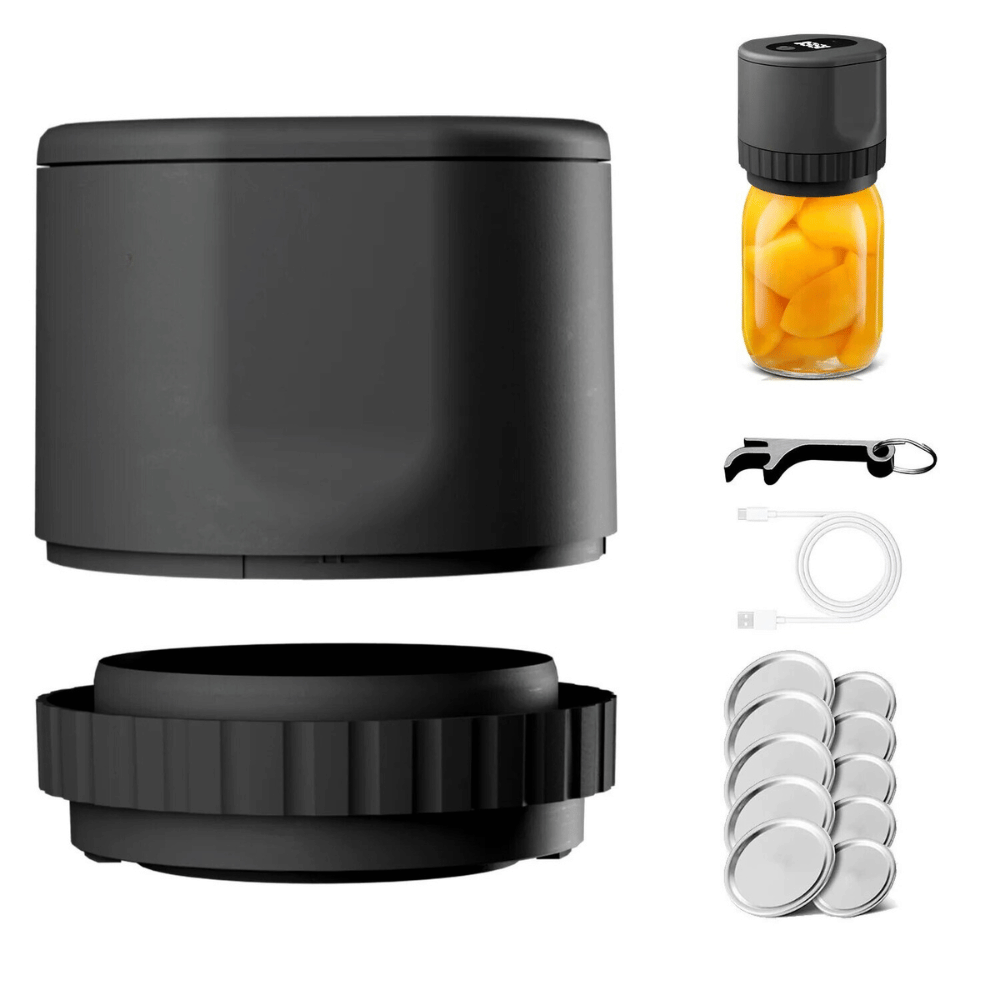 Black vacuum jar sealer bundle with food jar, charging cable, and sealing accessories