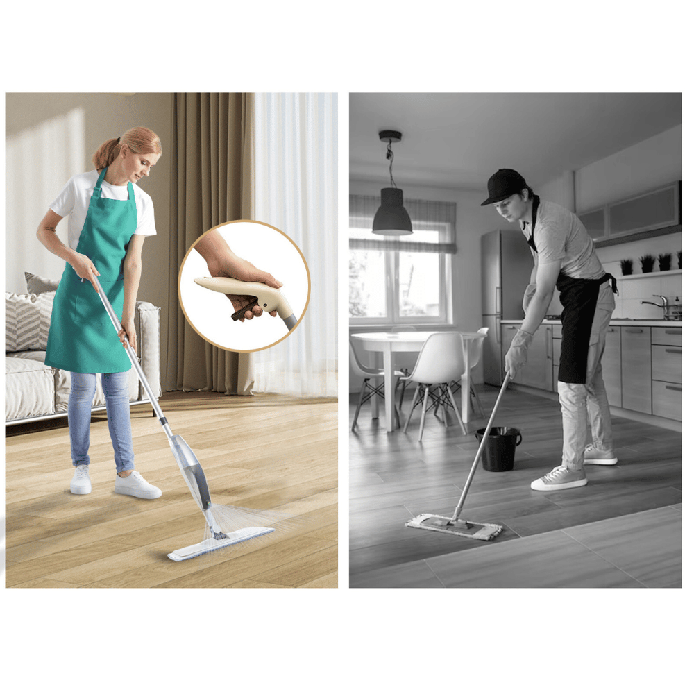 Woman using spray mop in kitchen, spraying and wiping with built-in water tank feature