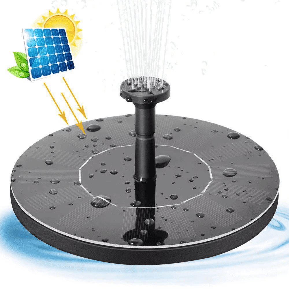 Floating solar fountain pump with sun icon, water spray, and eco-friendly design for outdoor use