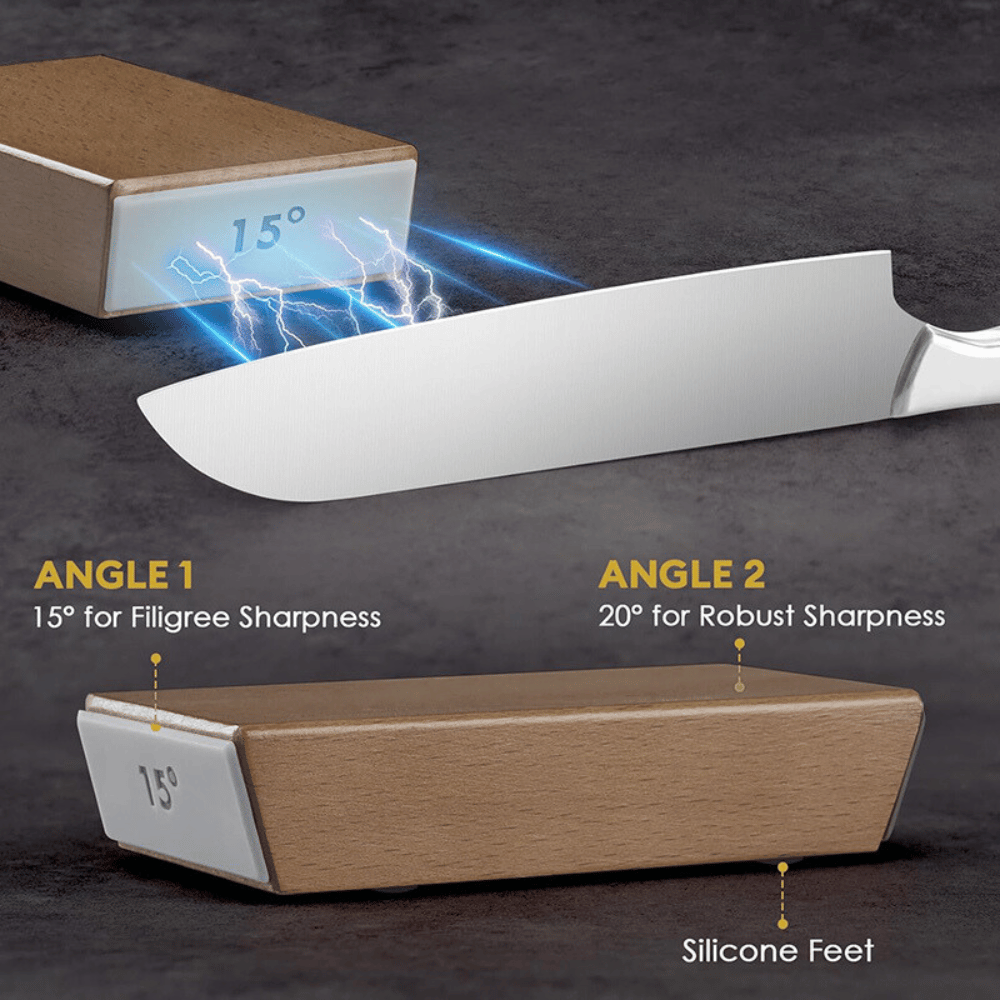 Angle guide showing 15° and 20° sharpening with magnetic rolling knife sharpener.