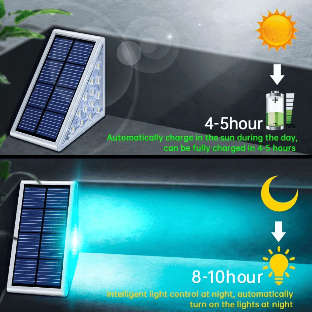LED Stair Step Lamp displaying solar charging and night lighting with efficient battery performance indicators