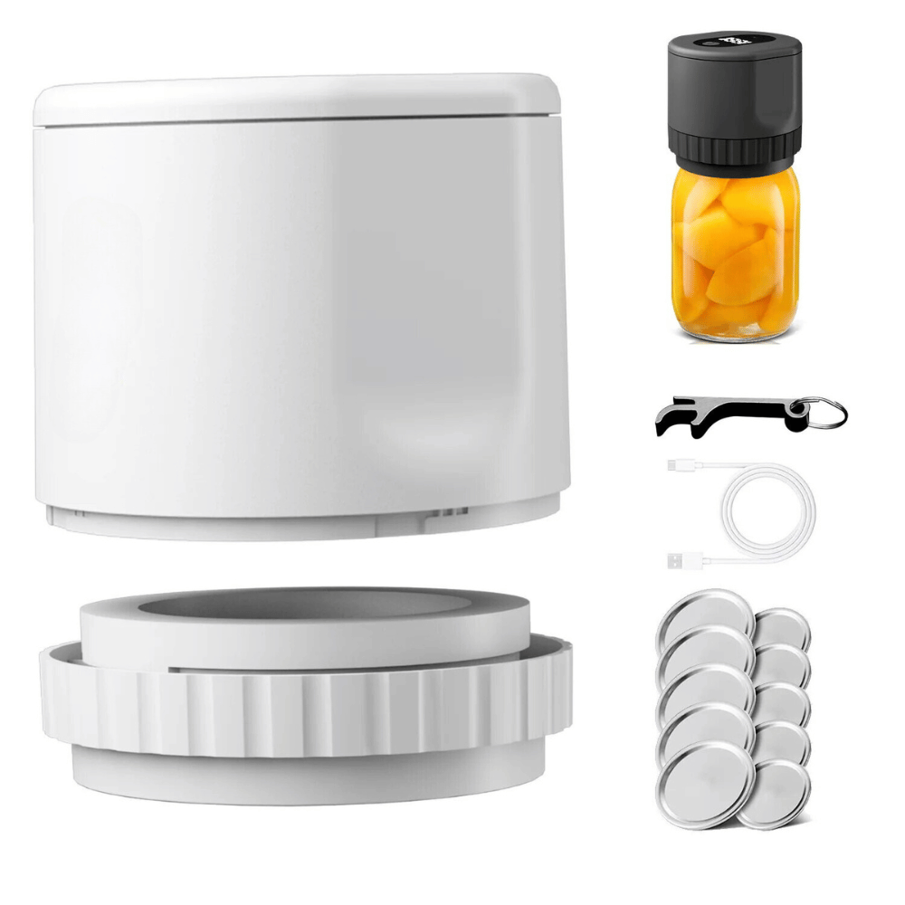 White vacuum jar sealer set with USB cable, reusable lids, and storage jar