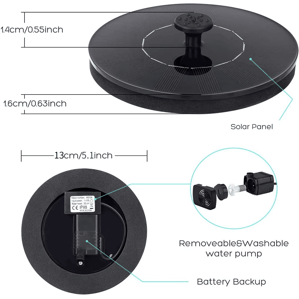 Size diagram of Solar Fountain Pump with labeled parts and dimensions for easy installation
