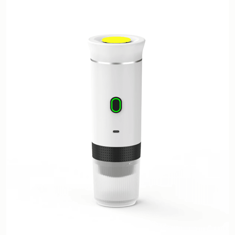 White portable espresso machine showcasing sleek and compact design.