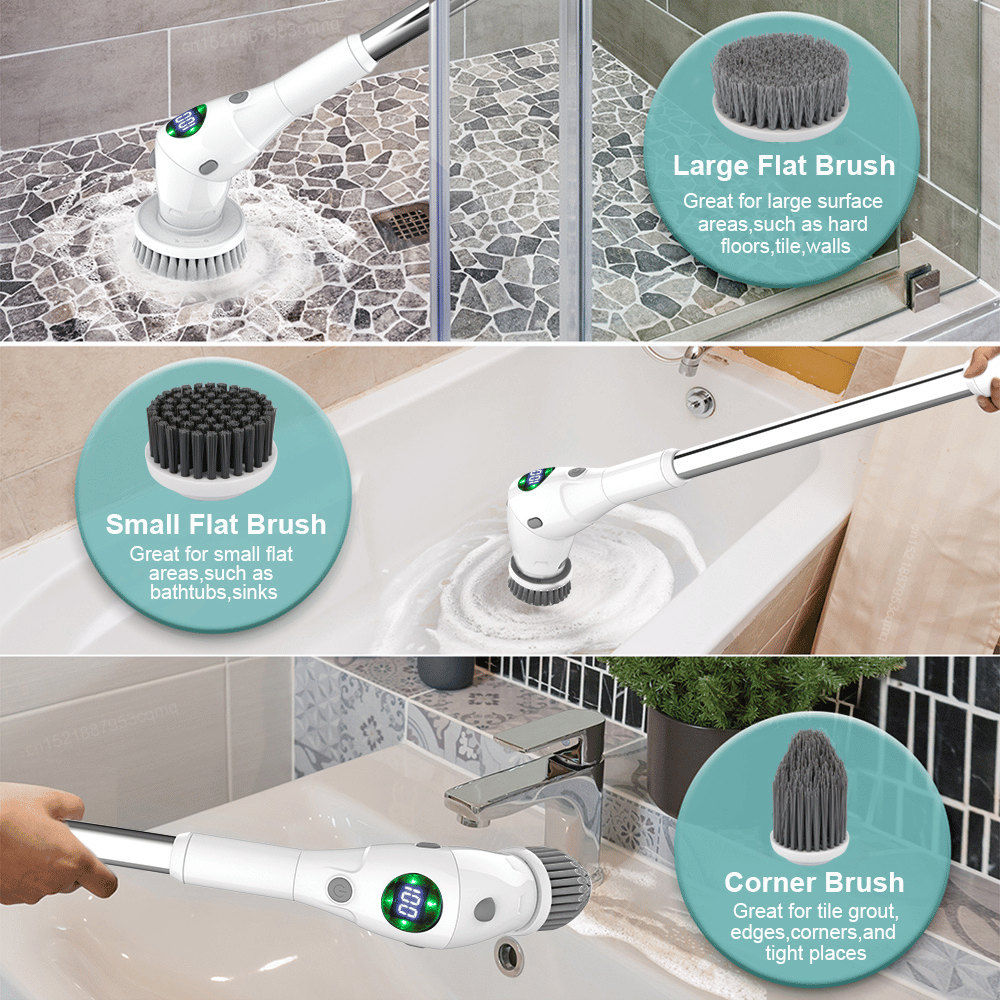 Electric scrubber brush being used at different lengths for windows, bathtubs, and floors.
