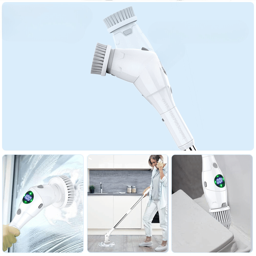 Powerful motorized cleaning brush in action on windows, grout, and floors with adjustable angles.