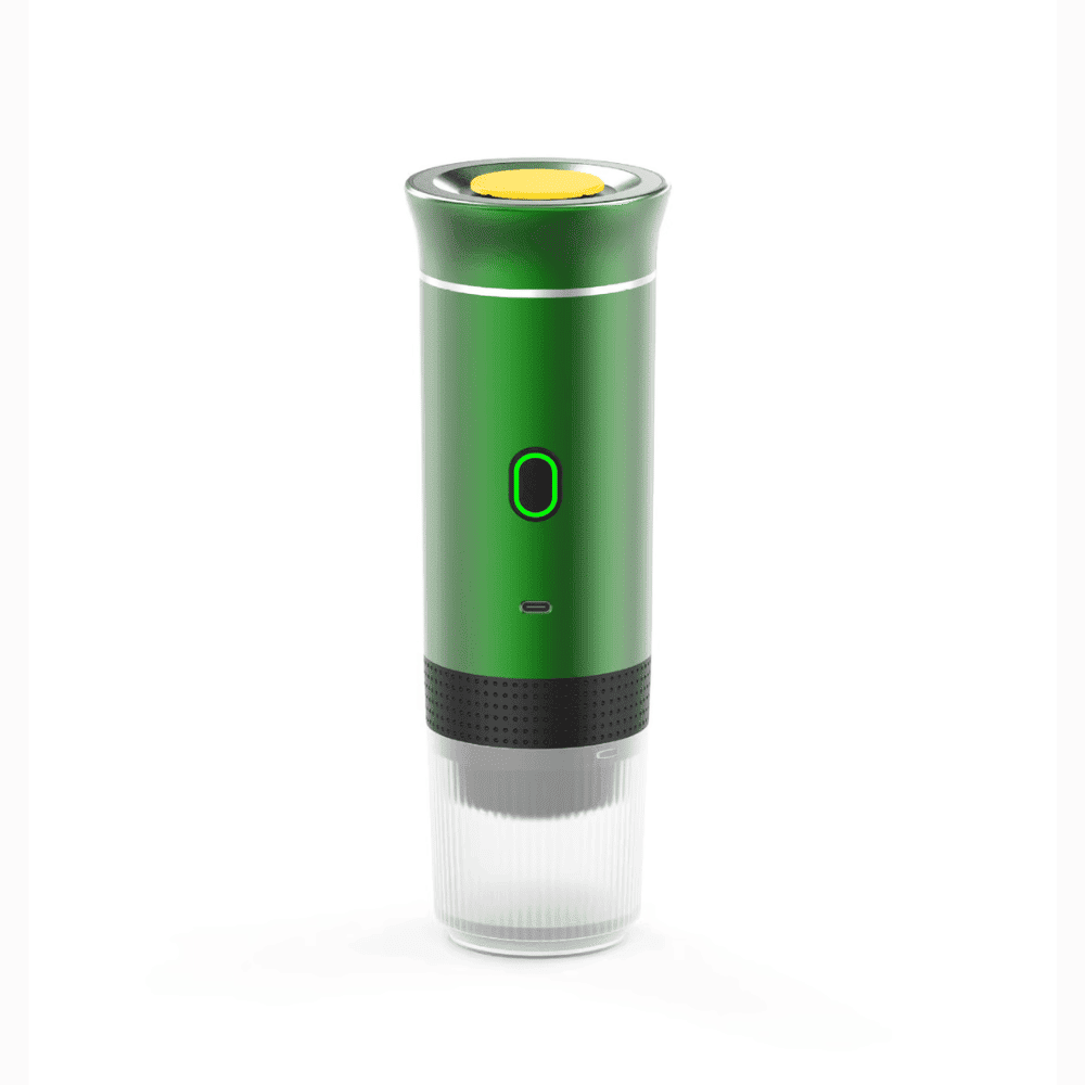 Green portable espresso machine offering color variation and style.