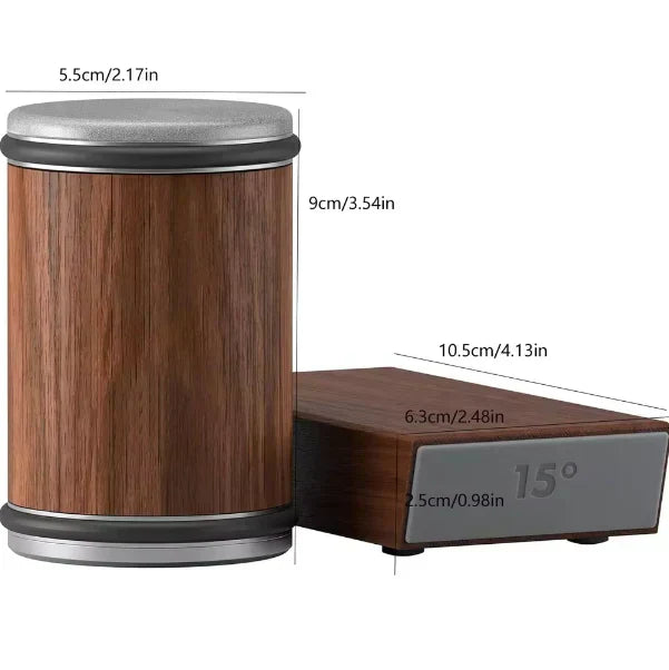 Magnetic rolling knife sharpener with product size measurements and wooden texture.