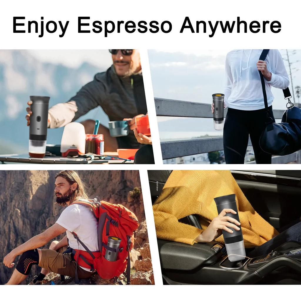 Collage of people using portable espresso machine while camping, hiking, driving, and relaxing