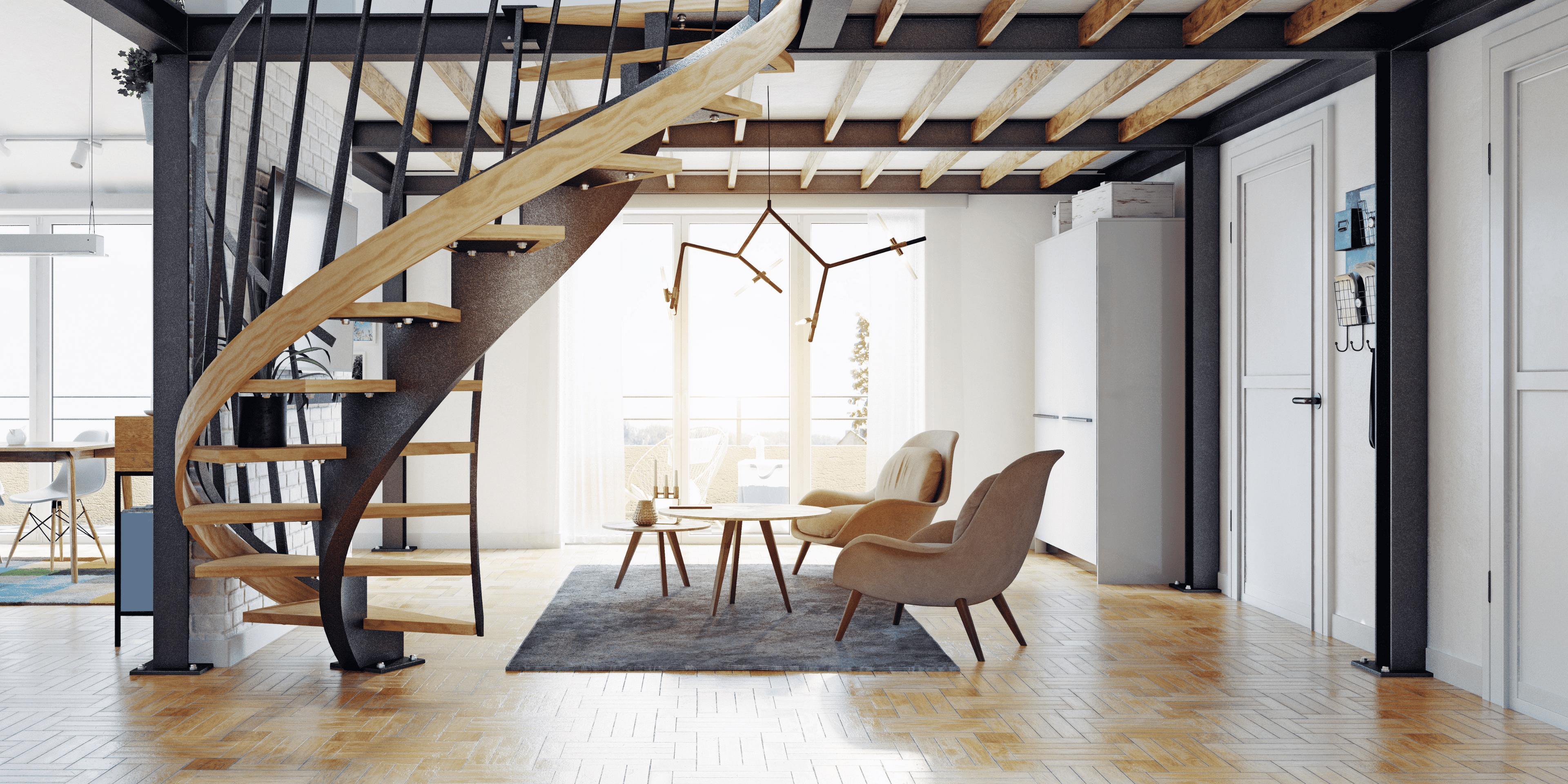 Modern spiral staircase and cozy living space with "Smart Comfort for Every Home" headline promoting home products.