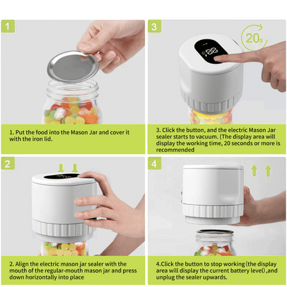 Step-by-step instructions showing how to use the electric vacuum jar sealer