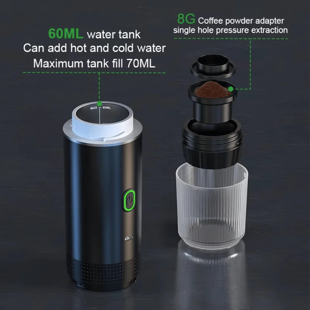 Disassembled parts of portable espresso machine showing 60ml water tank and 8g coffee adapter