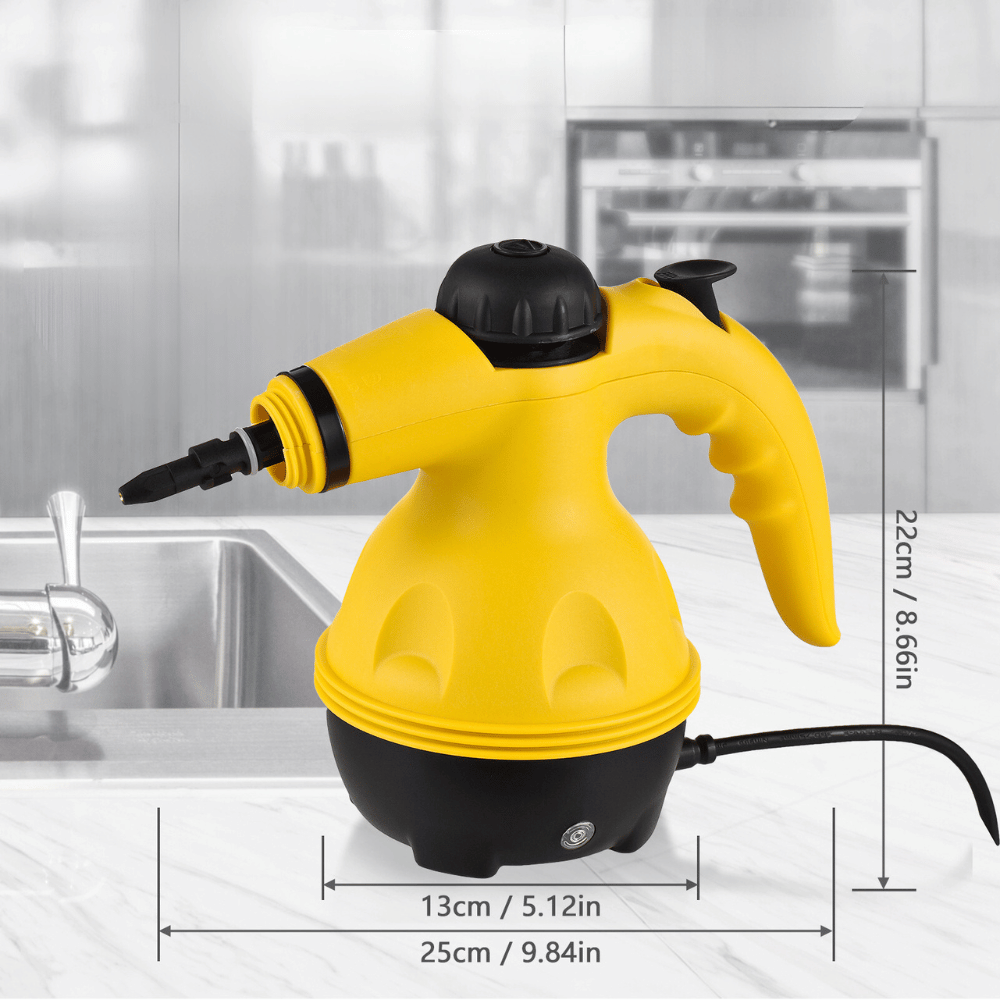 Handheld steam cleaner on kitchen counter showing compact size and powerful steam output.