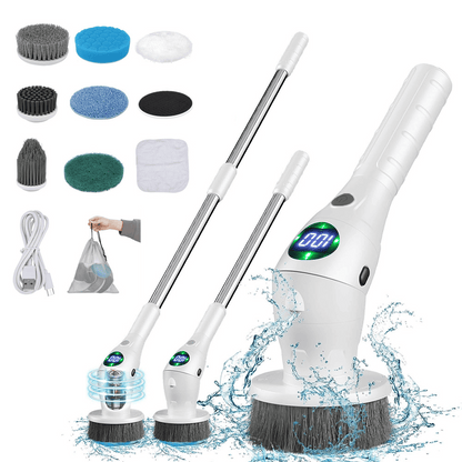 Full kit of 8-in-1 electric cleaning brush with waterproof body, brush heads, and extension handle.