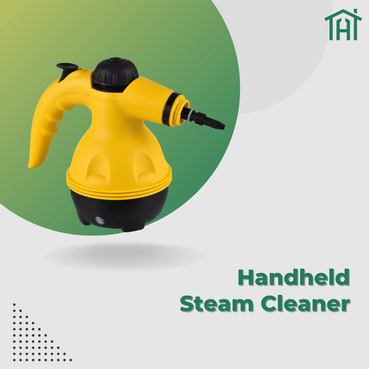 Yellow handheld steam cleaner with ergonomic grip and nozzle for deep cleaning multiple surfaces.