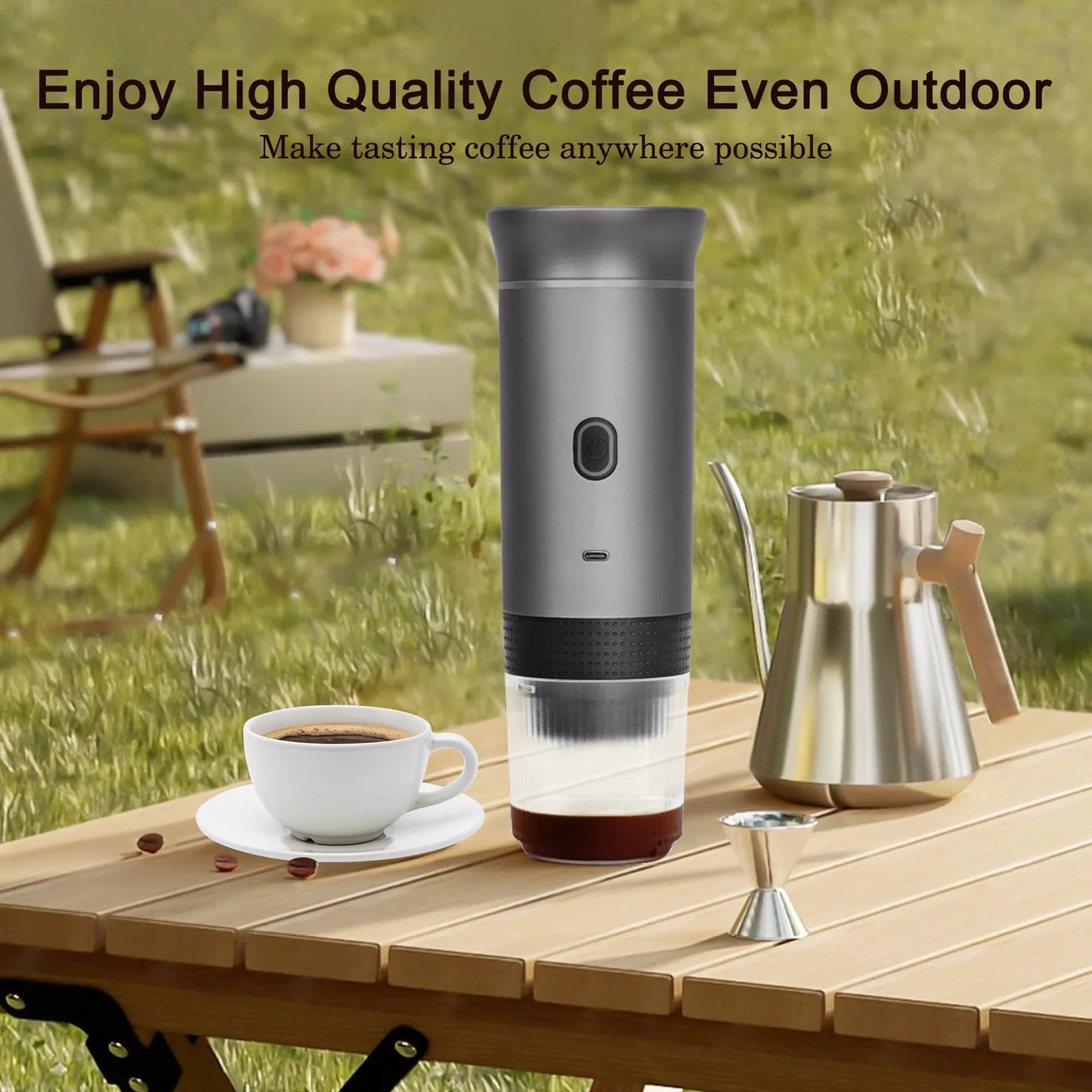 Outdoor scene with portable espresso maker set up for fresh coffee anywhere.