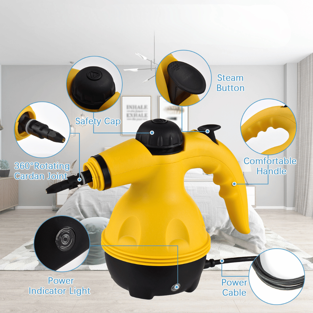 Steam cleaner shown with labeled parts and dimensions for compact storage and usability.
