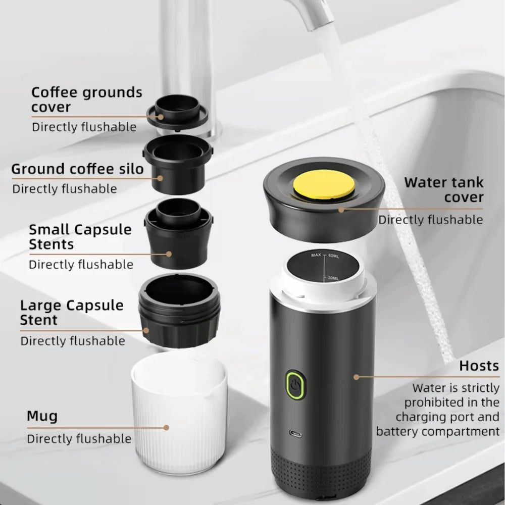 Full breakdown of portable espresso machine components including capsule stents and mug