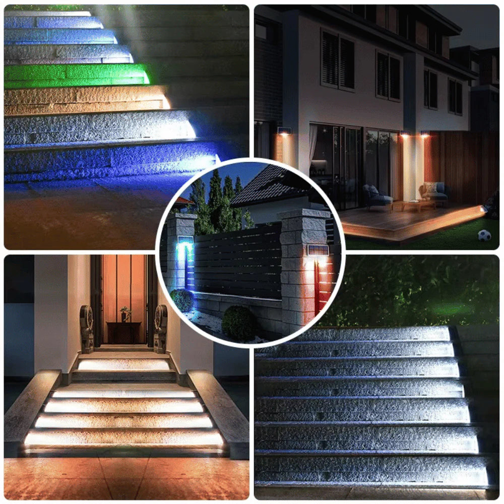 Various installations of LED Stair Step Lamp on stairs, fences, and patios showcasing flexible solar-powered lighting