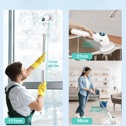 User cleaning high windows and floors with the extendable 8-in-1 electric cleaning brush tool.