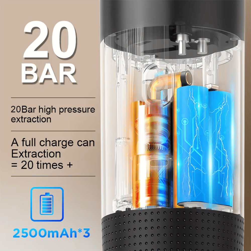 20-bar high-pressure coffee extraction feature with battery capacity details.