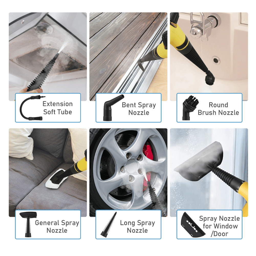 Handheld steam cleaner attachments including long nozzle brush and spray head for various cleaning tasks.
