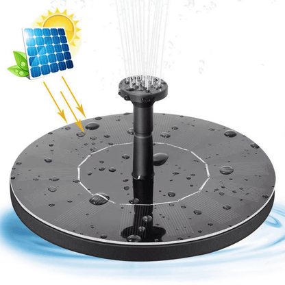 Floating solar fountain pump with sun icon, water spray, and eco-friendly design for outdoor use