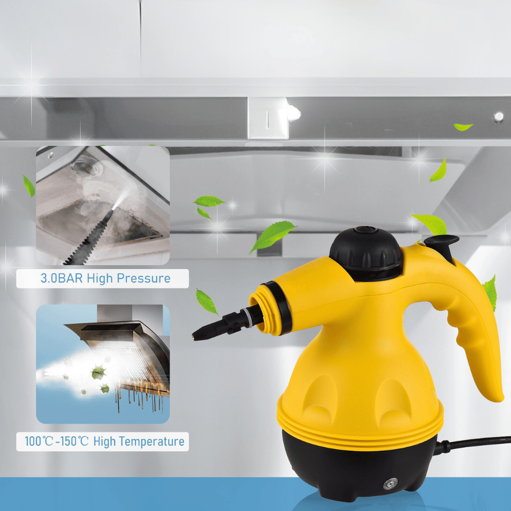 Steam cleaner removing grease from kitchen hood with 105°C high temperature and 3.2 bar pressure.