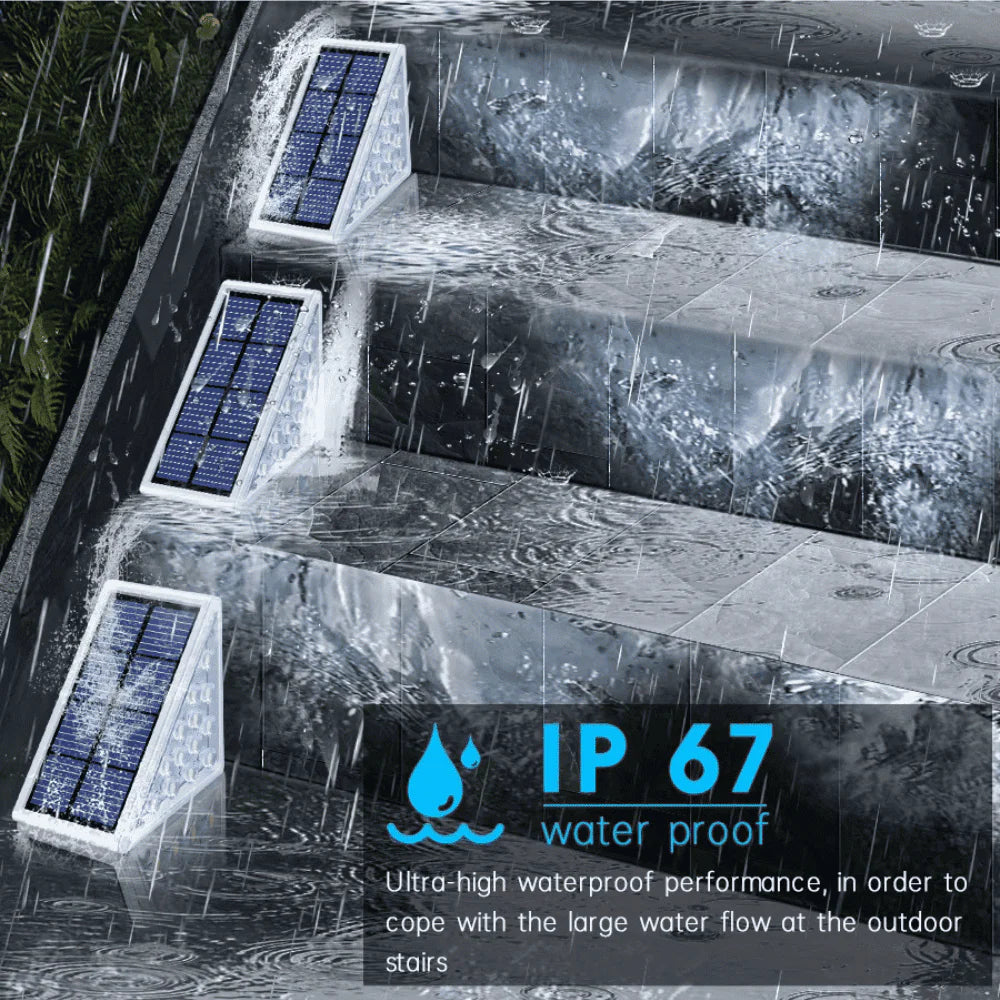 Waterproof LED Stair Step Lamp on wet outdoor stairs demonstrating IP67 durability in heavy rain