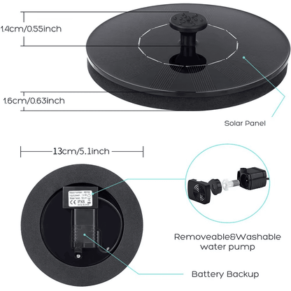 Size diagram of Solar Fountain Pump with labeled parts and dimensions for easy installation