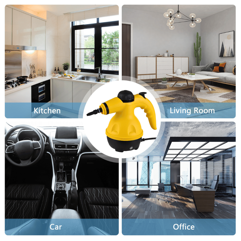 Handheld steam cleaner displayed with use cases for home office car and living room cleaning.