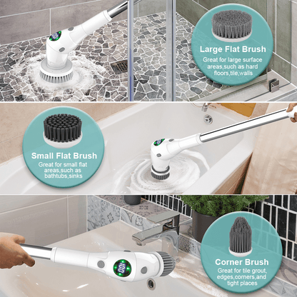 Electric scrubber brush being used at different lengths for windows, bathtubs, and floors.