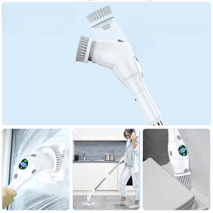 Powerful motorized cleaning brush in action on windows, grout, and floors with adjustable angles.