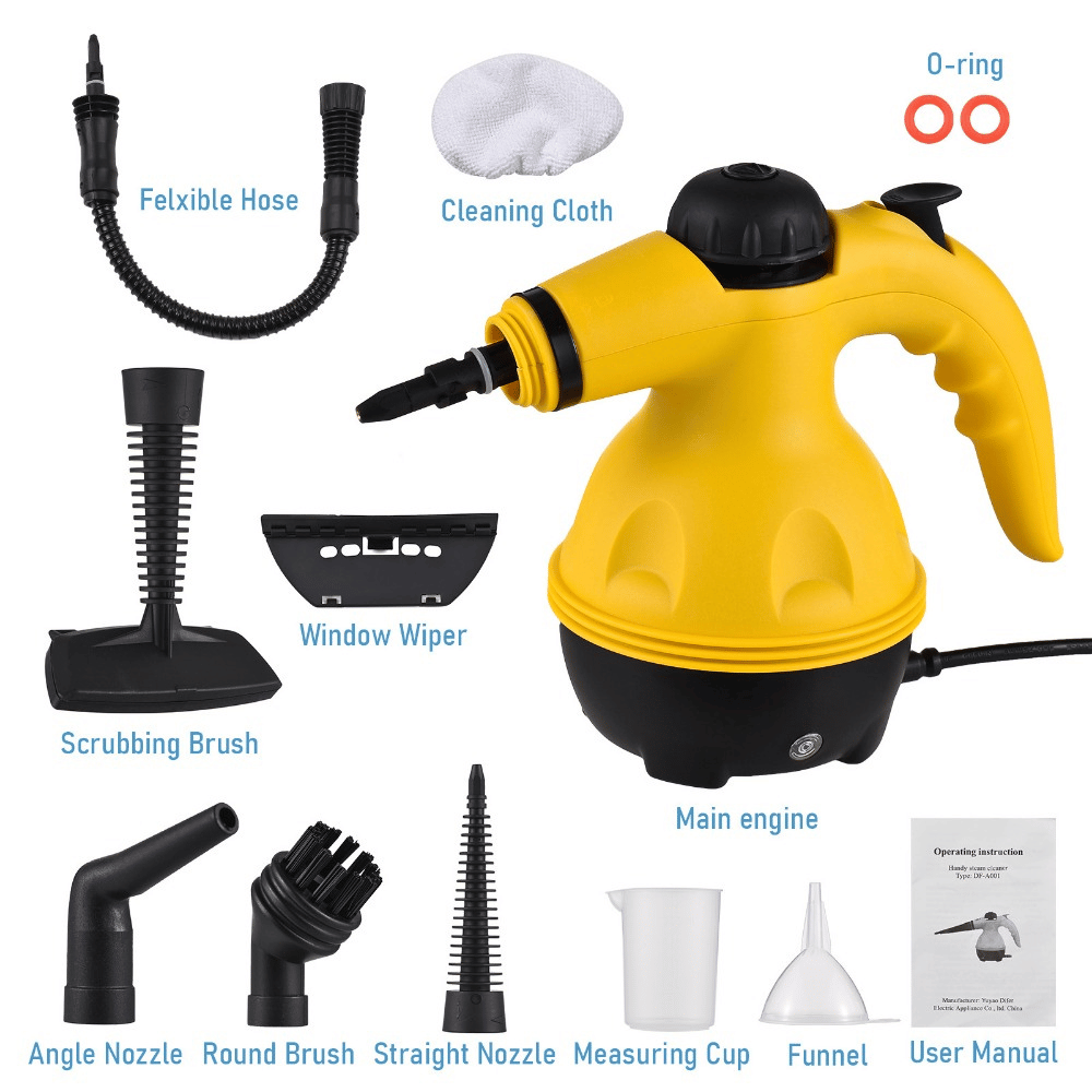 Full handheld steam cleaner accessory set with multiple nozzles brush and measuring cup.