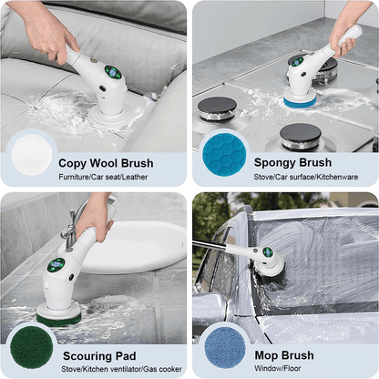 Different brush attachments including sponge, scouring pad, and corner brush for precise cleaning tasks.