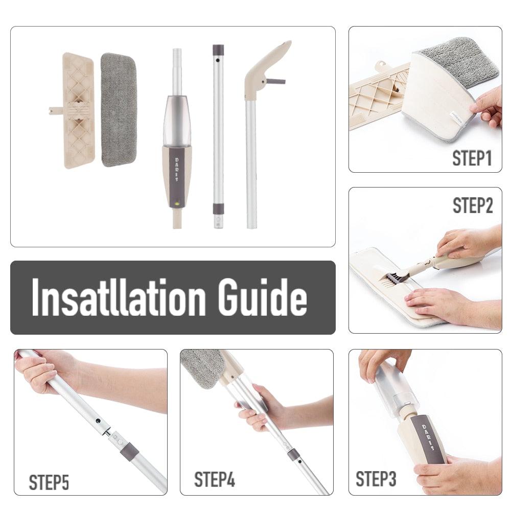 Step-by-step installation guide for assembling Magic Spray Mop with microfiber pad