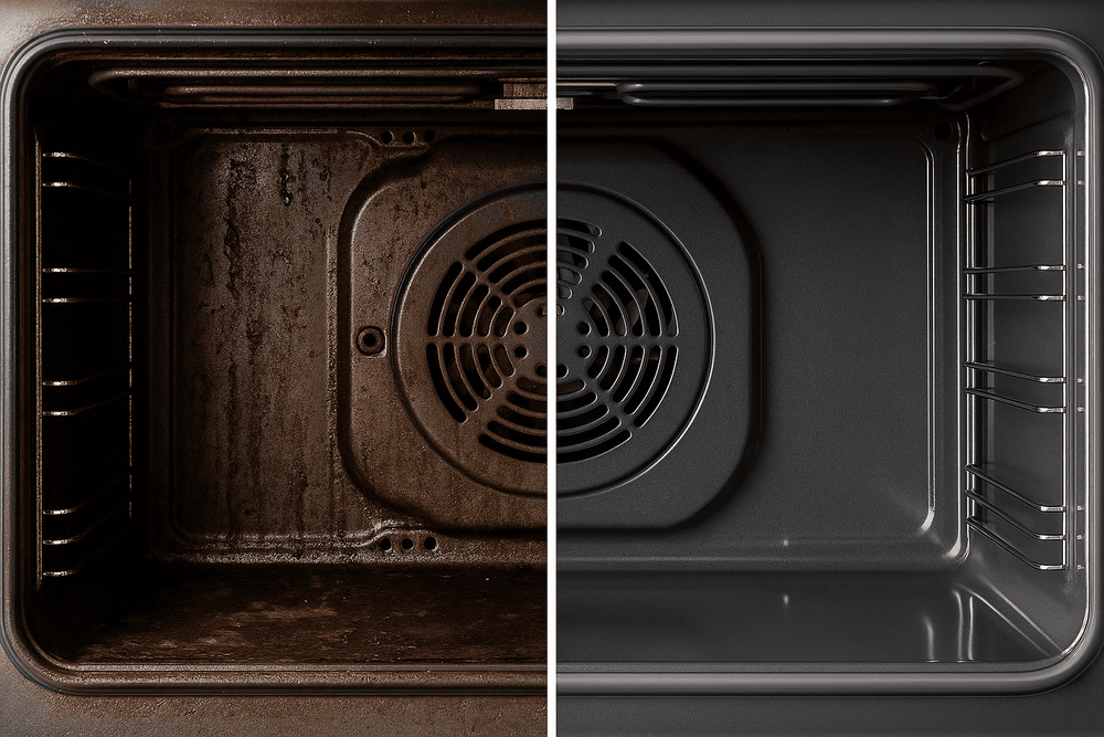 Before and after oven interior cleaned using high-pressure handheld steam cleaner